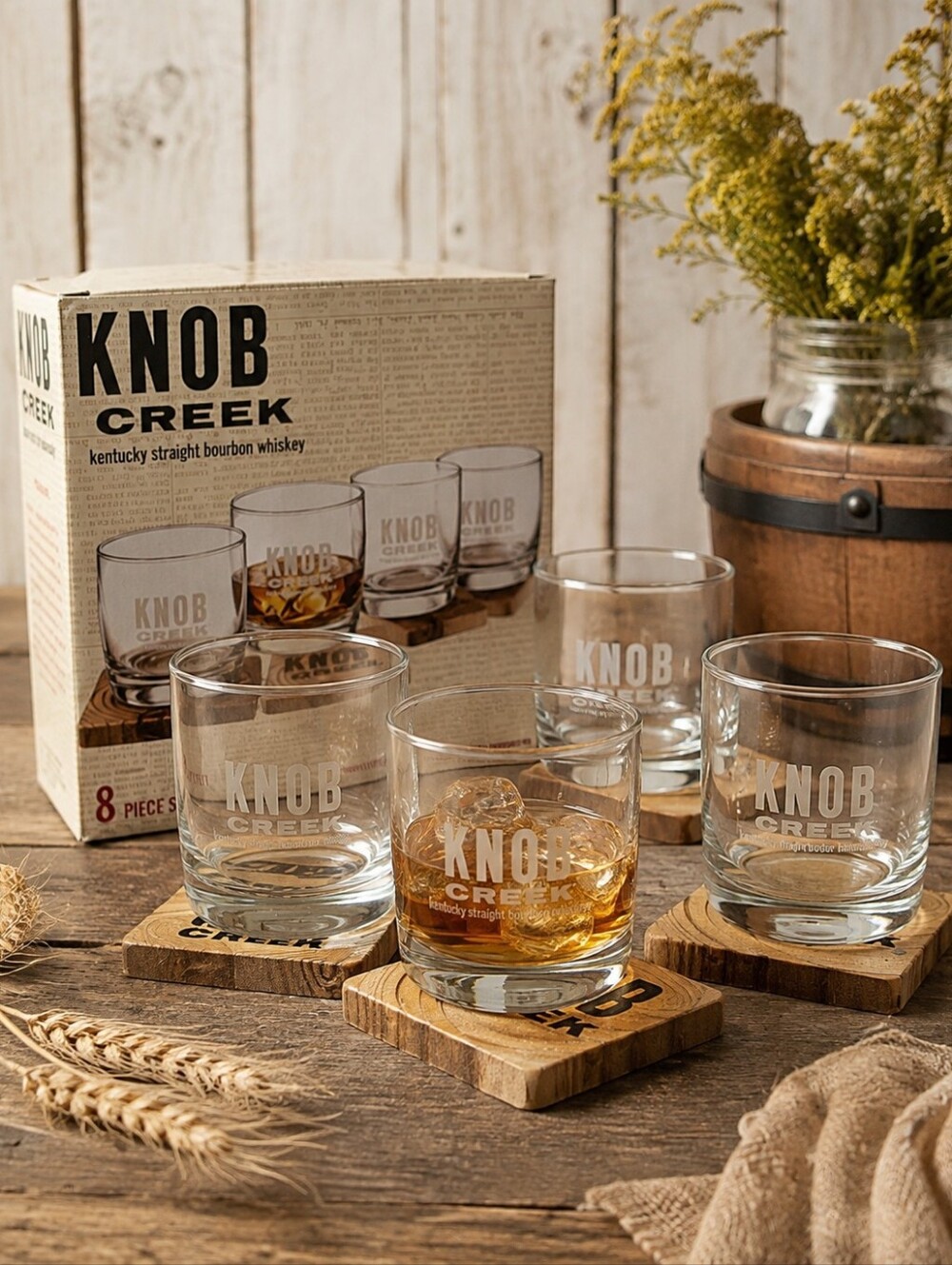 Knob Creek Kentucky Straight Bourbon Whiskey Glass Drink Set Wooden Coasters